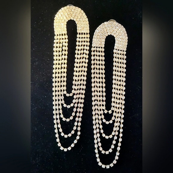SUPER LONG RHINESTONE EARRINGS - ALL PRONG-SET BLING - Picture 1 of 7